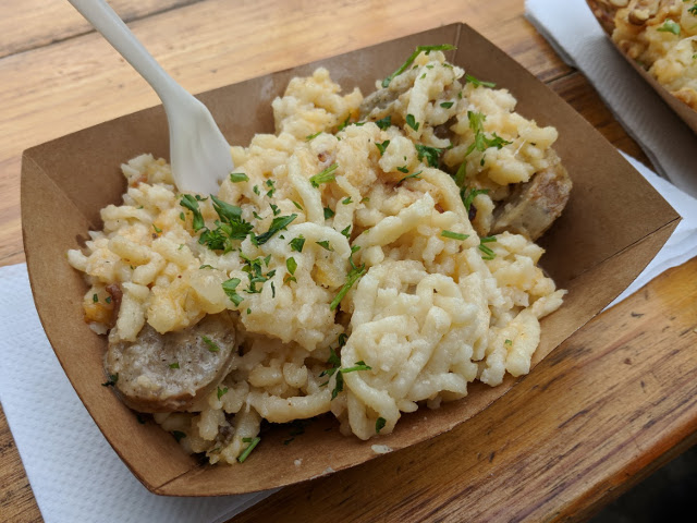 Little Red Riding Truck's Brats and Bacon Spätzle and cheese.