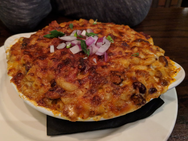 Chili Mac in all it's beany, cheesy, oniony glory.
